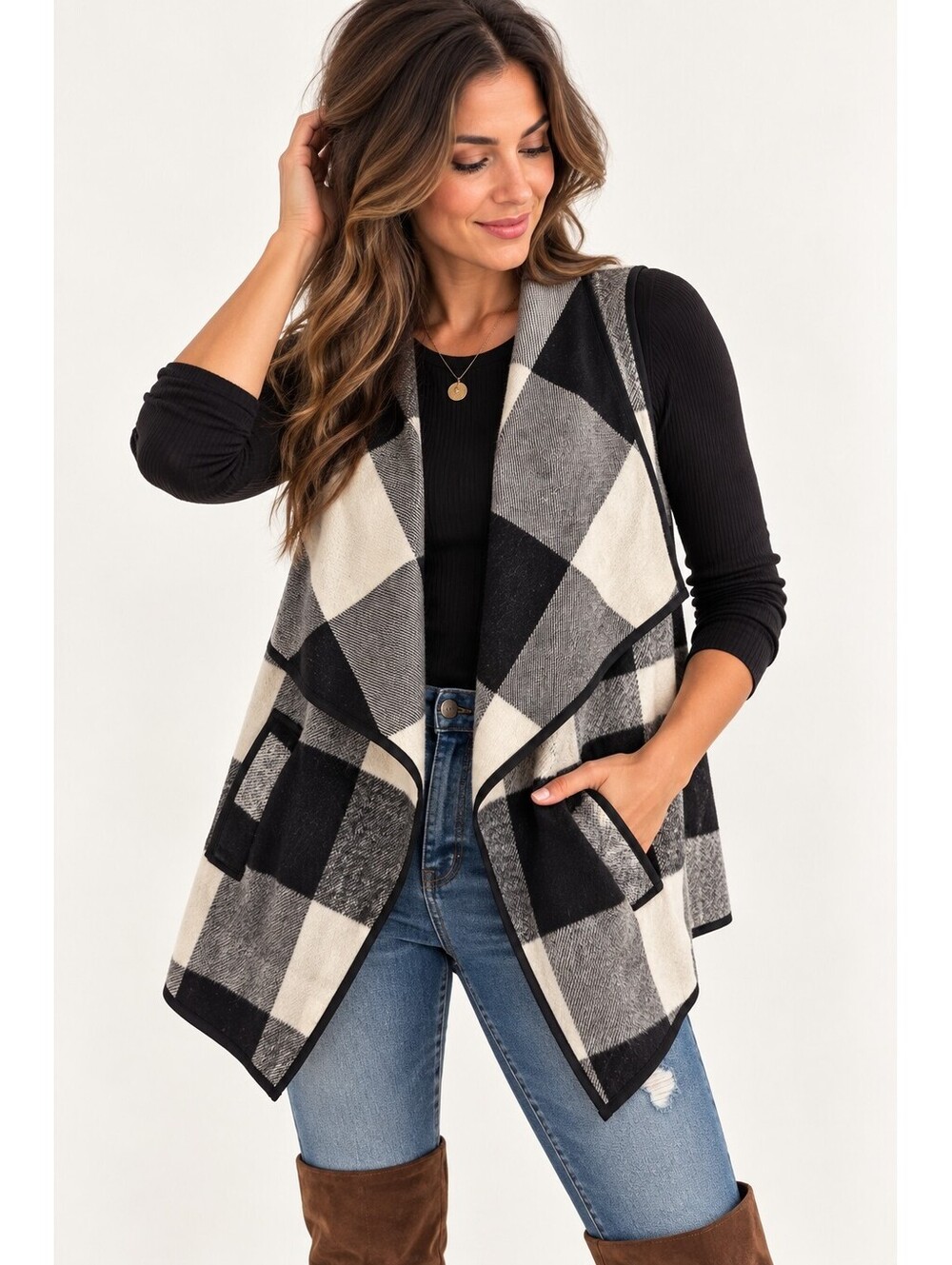 Black White Buffalo Plaid Waterfall Vest Draped Open Front Pockets Womens M